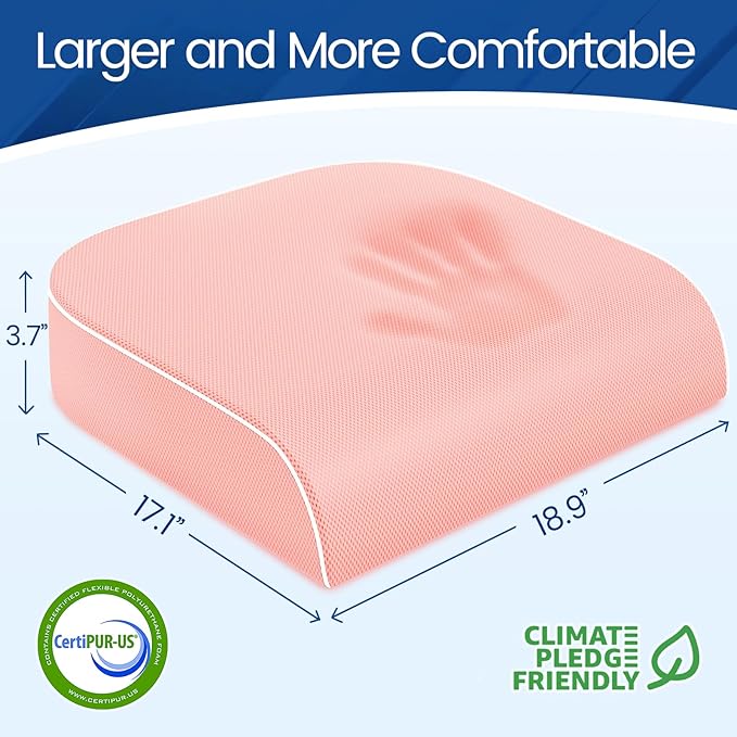 Seat Cushion for Tailbone Pain Relief, Office Chair Cushion, Memory Foam Large Chair Cushion with Non-Slip Cover for Soft Support at Office Chair, Car Seat, Airplane Pink/2X-Large