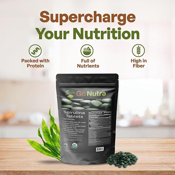 Go Nutra - Spirulina Tablets, Organic Spirulina, Packed with Vitamins, Minerals, Fibers, Amino Acids, and More, All-Natural Spirulina Supplement, Non-GMO, Vegan, 500 mg, 720 Tablets