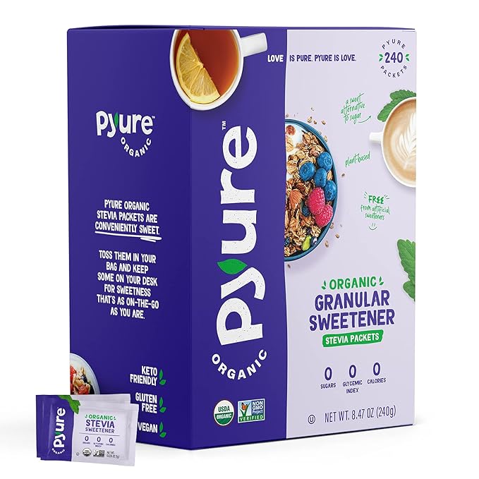 Pyure Organic Stevia Packets | Granulated Sugar Packets - White Sugar Substitute | Zero Carb, Zero Sugar, Zero Calorie Sweetener Packets | Plant-Based Stevia Packets for Keto Coffee | 240 Count