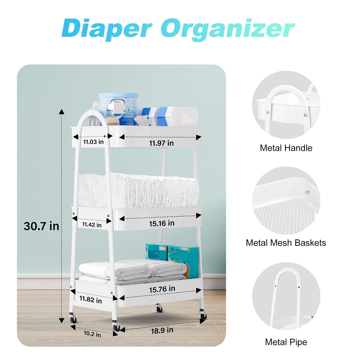 Volnamal Baby Diaper Caddy Organizer, Metal Utility Diaper Cart, Multifunction Essential Newborn Baby Registry Items, Movable Changing Station/Easy Assembly, White