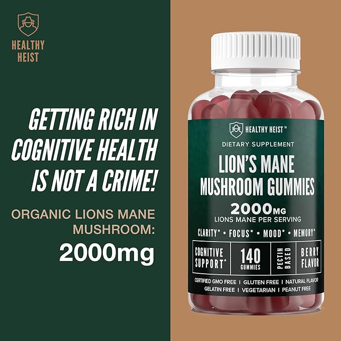 Lions Mane Mushroom Gummies for Adults, 140 Count Bulk Lion's Mane Chewables, High Potency 10:1 Organic Extract amounts to 2000mg, Supplement Supports Mental Clarity, Focus, Mood and Brain Fog