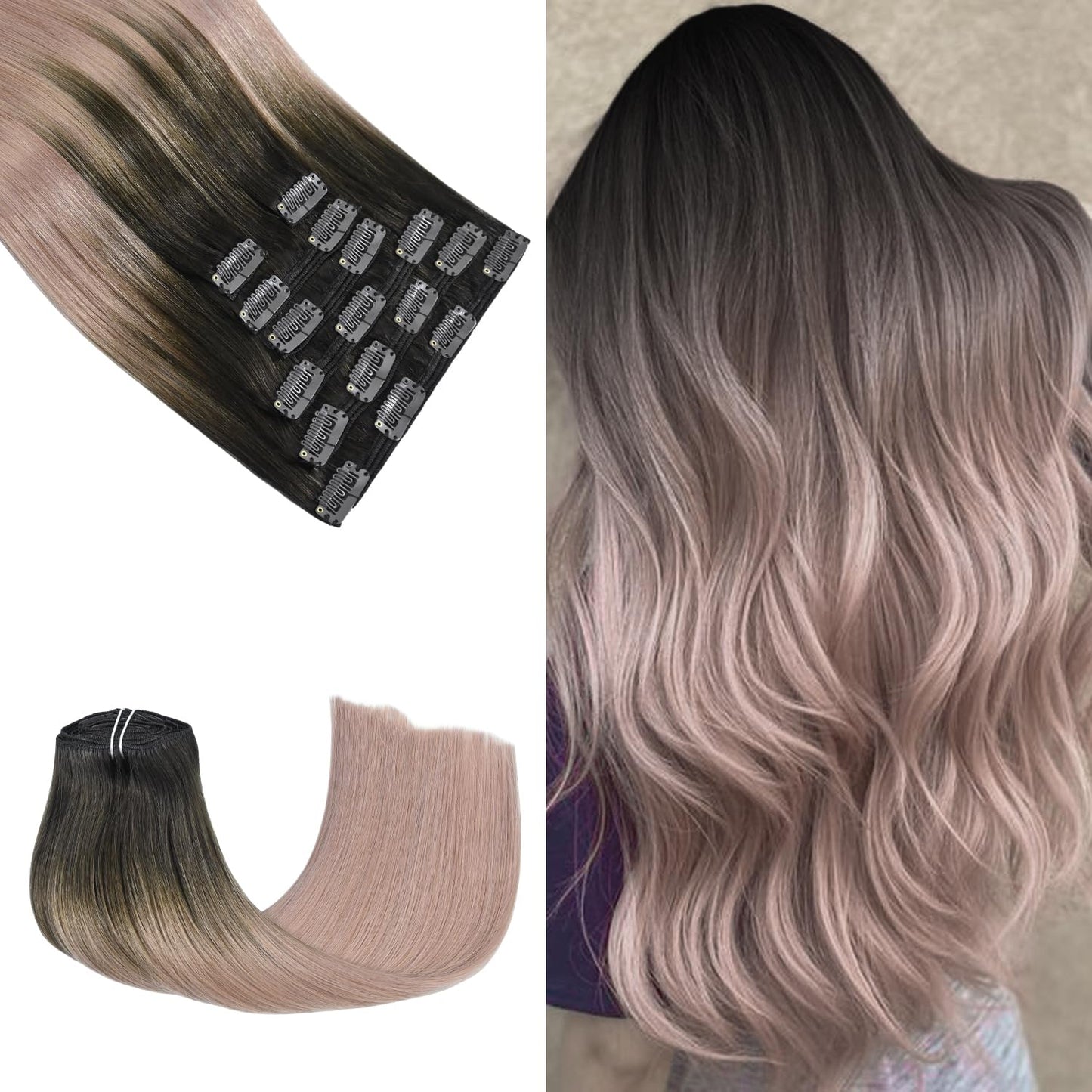 Honsoo 16In Long Hair Extensions Clip In Real Hair Extensions Dark Brown To Pink 120G 7Pcs Silky Straight Human Hair No Tangling