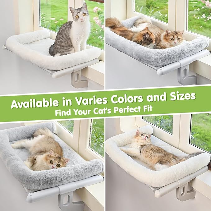 Cat Window Sill Perch with Large Bolster, Easy to Adjust & Assemble Cat Window Seat for Windowsill & Bedside, Pet Hammock Bed for Large Cats and Kittens (White, M)