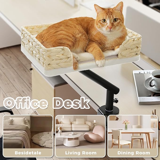 PAWZ Road Cat Desk Bed for Indoor Cats, Wicker Cat Bed for Desk Supports Up to 50 lbs, 360° Rotation & Adjustable Soft Plush Cats Hammock for Desktop, White