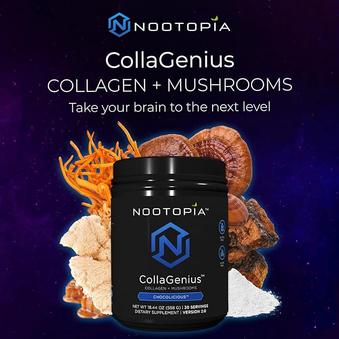 Collagenius v 2.0 - Blended Powder of 4 Mushrooms, Collagen & Superfoods - Brain Supplement Supports Focus, Memory, Hair, Skin - 30 Servings
