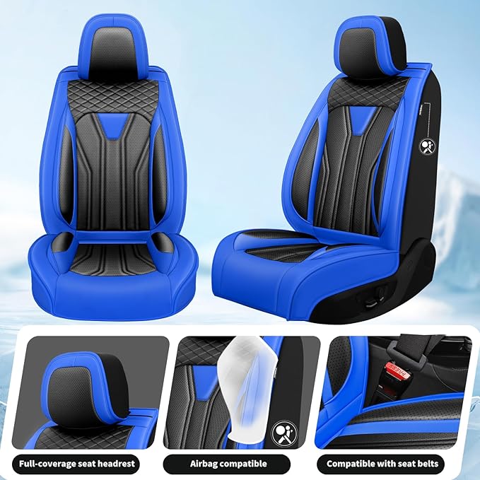 Fit Kona Car Seat Covers for Select Hyundai Kona 2018-2025 2026. Premium Leather, Waterproof， Breathable, Scratch-Resistant & All-Weather Seat Cushion Protector (Front Pair, Blue&Black)
