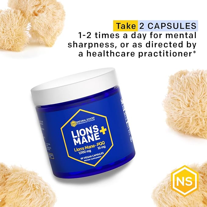 Organic Lions Mane Supplement Capsules - 1000mg Lions Mane Mushroom with 10mg PQQ - Brain Cell Optimizer for Memory, Learning, Mitochondrial Function - 60 Fruiting Body Mushroom Capsules