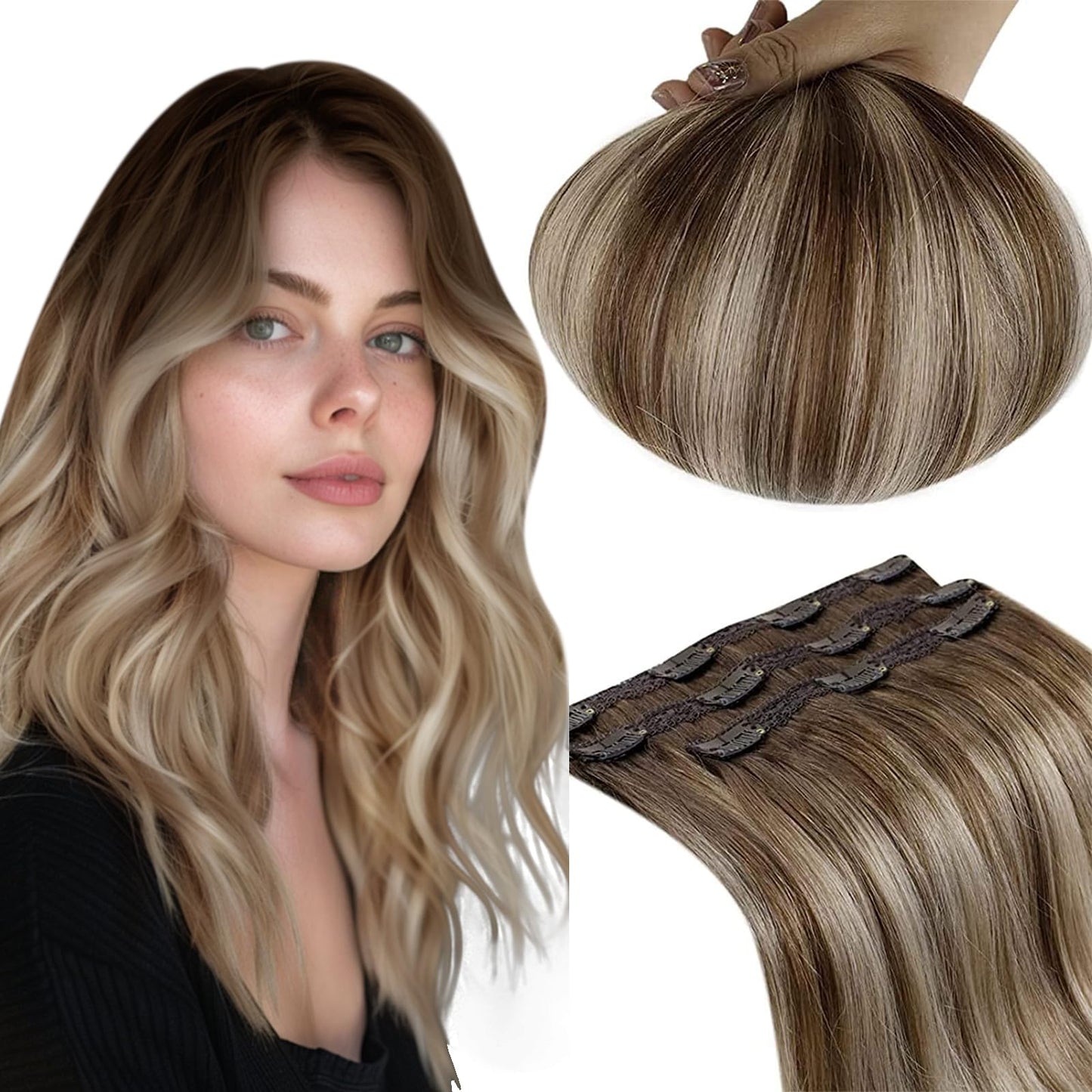 Runature Real Hair Extensions Clip In Human Hair Balayage 18 Inch Walnut Brown To Ash Brown With Light Brown Balayage Clip In Ha