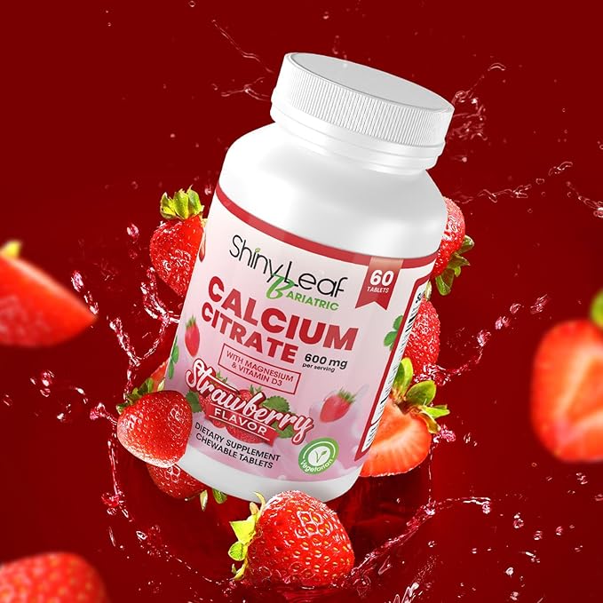 Shiny Leaf Bariatric Calcium Citrate 600mg - Supplement for Bariatric Surgery Patients, 60 Ct Chewable Tablets with Magnesium, Vitamin D3, Natural Strawberry Flavor, Vegetarian (4 Months)