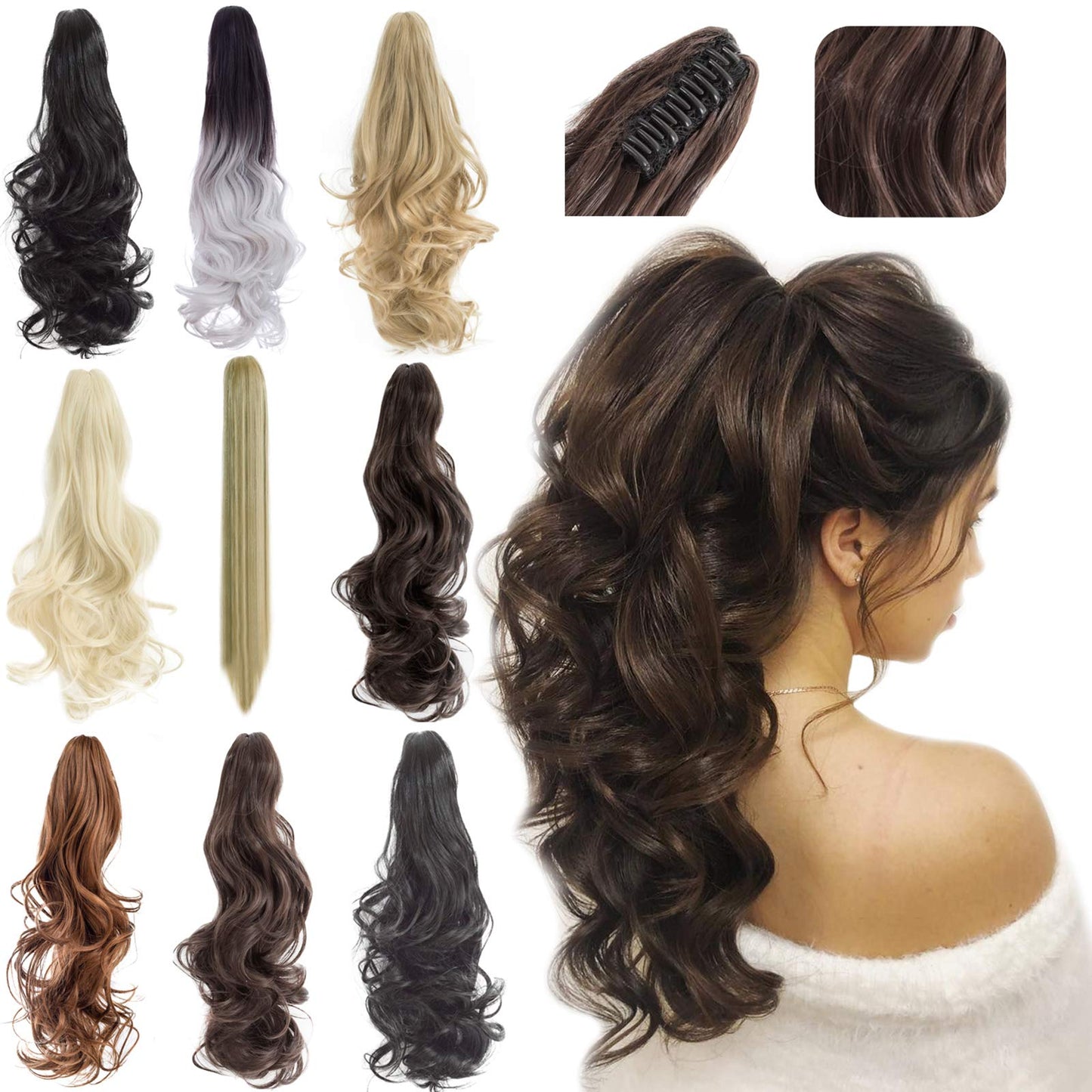 Felendy Ponytail Extension Claw 18'' 20'' Curly Wavy Straight Clip In Hairpiece One Piece A Jaw Long Pony Tails For Women Dark B