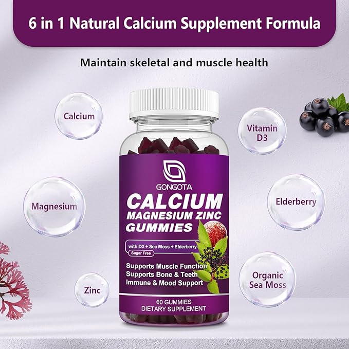 Calcium Magnesium Zinc with Vitamin D3 Supplement, Highly Absorbent Calcium Gummies with 300mg Magnesium glycinate Support Bone & Teeth, Muscle for Adults and Teens,Sugar Free, Vegan (2 Pack)