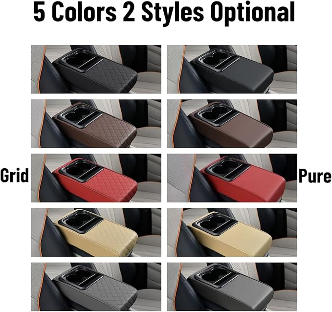 Center Console Booster Cover Car Armrest Box Pad Leather Arm Rest Cushion with Cup Holder Mobile Phone Storage Armrest Protection Pad for Car (Grid Coffee, 13.58 * 8.07 * 2.95 inch)