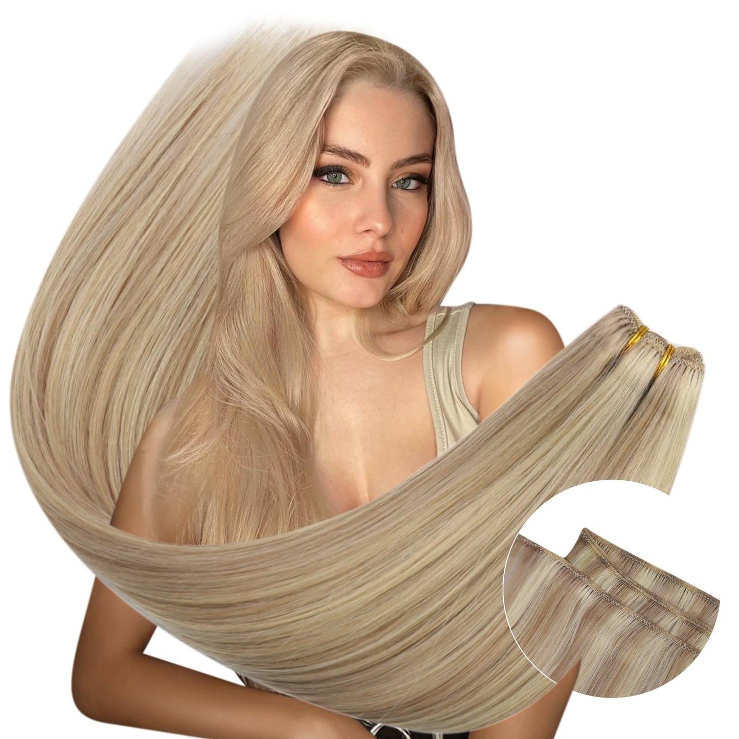Ugeat 22 Inch Remy Human Hair Extensions Weft Ash Blonde With Light Blonde Highlights Sew In Hair Extensions Real Human Hair Dou