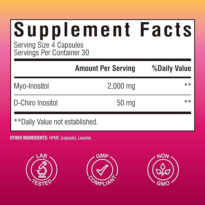 Inositol Supplement, Myo-Inositol & D-Chiro Inositol Fertility Supplements for Women, 40:1 Ideal Ratio, Hormone Balance and Ovarian Support, 120 Vegan Capsules