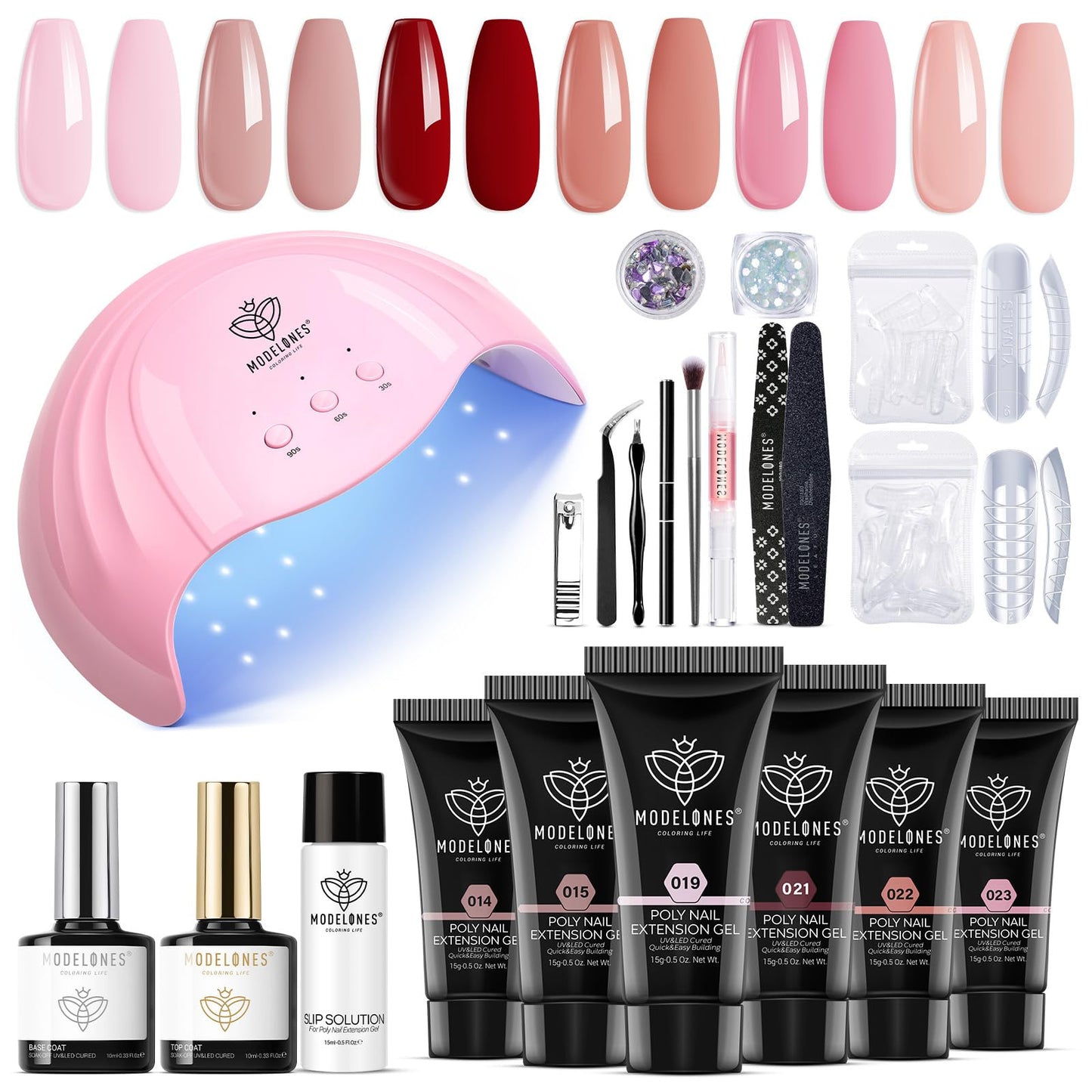 Modelones Poly Extension Gel Nail Kit - 6 Colors With 48W Nail Lamp Slip Solution Rhinestone Glitter All In One Kit For Nail Man