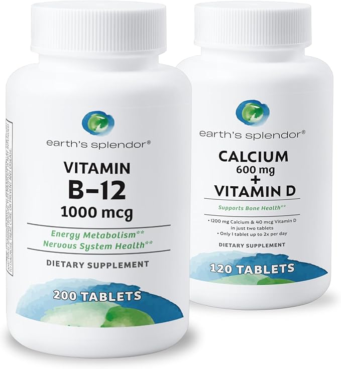 Earth's Splendor Energy + Bone Support Energy Bundle: Vitamin B12 & Calcium+Vitamin D Bundle. Gluten Free, No Artificial Flavors or Colors, Helps Energy Metabolism & Bone Health