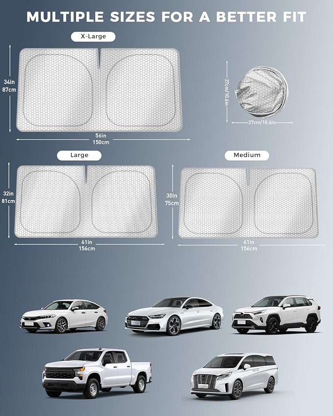 helloleiboo Graphene Car Windshield Sun Shade – 57" x 31" Foldable Car Sun Shade, Advanced Heat Absorption & UV Protection, Universal Fit for Cars, SUVs & Trucks