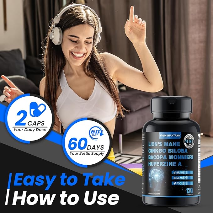 Lion's Mane Supplement Capsules ＆ Bacopa Monnieri-120 Capsules Lion's Mane Mushroom Blend, 10 in 1 for Enhanced Memory, Focus, and Brain Support