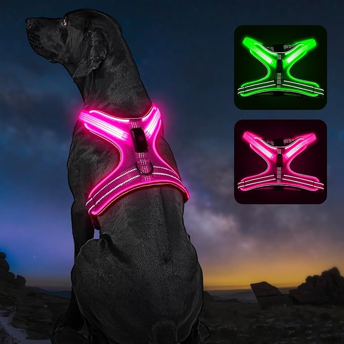 Light Up Dog Harness, Rechargeable Led Dog Harness with Battery Level Indicator, Adjustable Reflective Safety Vest for Night Walking, Soft Mesh Lighted Harness for Medium Large Dogs(5-90lbs)