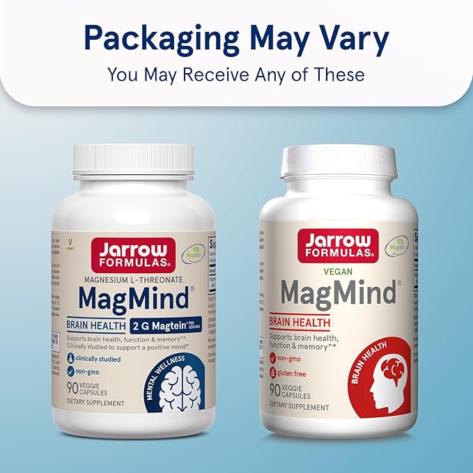 Jarrow Formulas Magnesium L-Threonate, MagMind Magtein Brain Supplements for Memory Support, 90 Veggie Capsules, Up to a 30 Day Supply