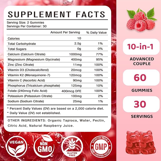 Calcium Magnesium Zinc Gummies – Calcium with Vitamin D3 & K2, Calcium Citrate Gummies for Bone, Muscle, Calm & Zzz Support –High Absorption Magnesium, Raspberry Flavored, 60 Count