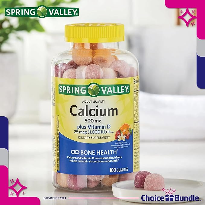 Spring Valley Calcium 500 mg Plus Vitamin D 25 mcg Bone Health Dietary Supplement Gummies, 100 Ct 4 pk (400 Total) + Vitamin Guide and Pill Container (6 Items)!