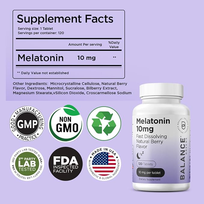 Balancebreens Melatonin 10mg Fast-Dissolve, 120 Tablets – Natural Sleep Aid for Restful Nights, Drug-Free Support for Relaxation and Tranquility