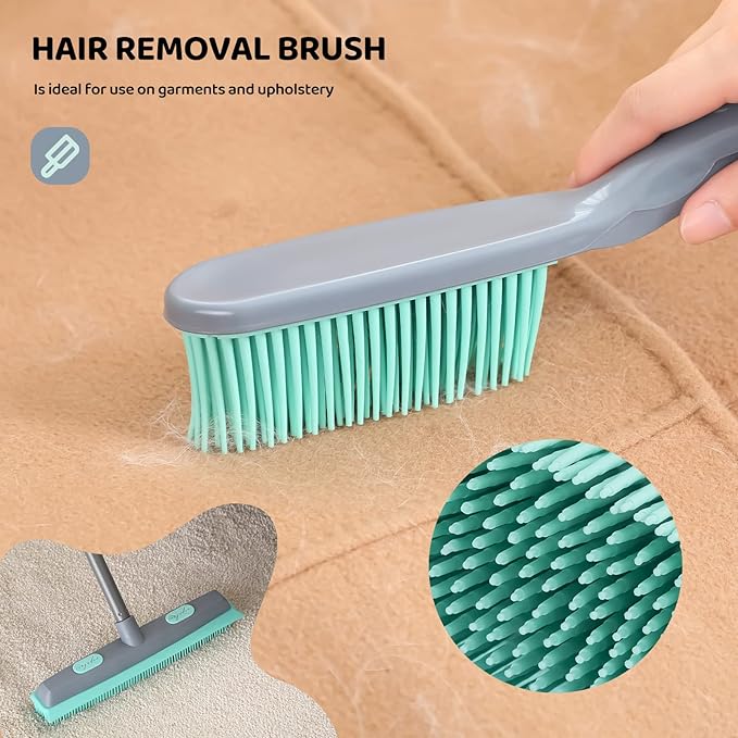 Conliwell Rubber Broom Carpet Rake for Pet Hair, Fur Remover Broom with Squeegee, Portable Detailing Lint Remover Brush (Iron Handle)