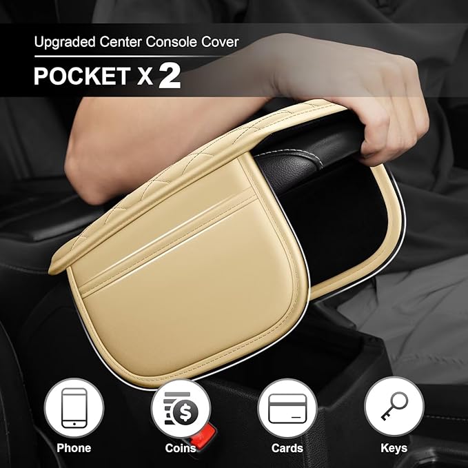 Upgraded Car Center Console Cover Fit for Camry Faux Leather Car Armrest Cover Cushion with 2 Storage Bags,Car Armrest Storage Box Interior Accessories(Beige&Whiteline)