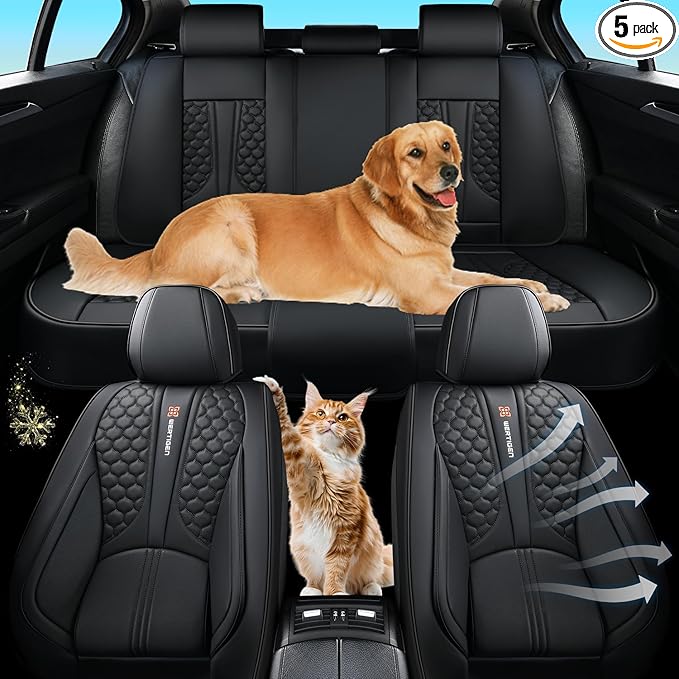 Black Leather Car Seat Covers - Luxury Waterproof Car Seat Covers with Lumbar Support, Non-Slip Base, and Airbag Compatibility; Suitable for Sedans, Suvs, and Pickups.
