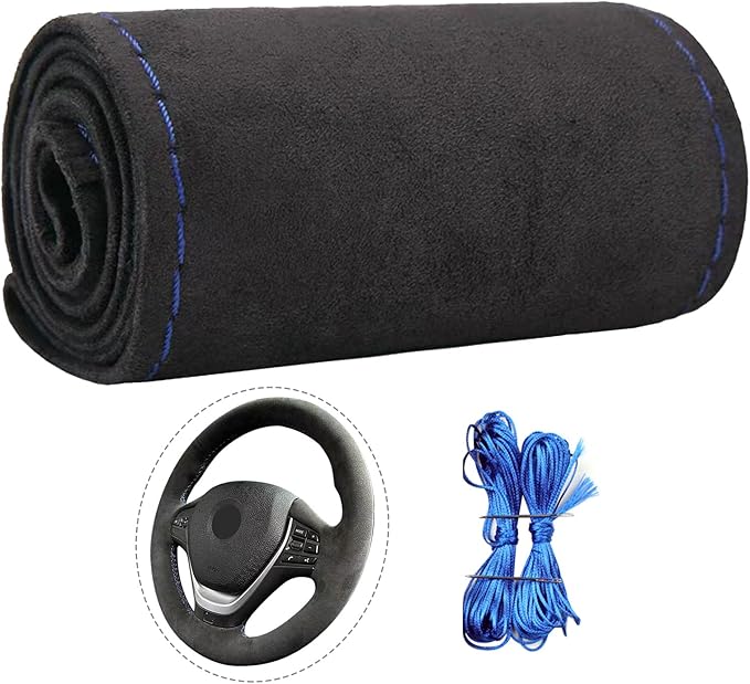 Suede Leather Steering Wheel Cover Wrap Kit - DIY Stitch-On for 17-18" Wheels, Superior Sweat Absorption & Non-Slip Grip, Comfortable & Durable Year-Round Upgrade