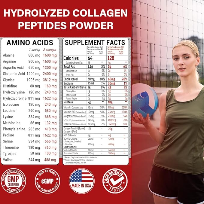 Sports Collagen Powder, 12.42 oz - Grass Fed Bovine & Wild Fish Hydrolyzed Type I, II, III Multi Collagen Peptides, Unflavored Protein Powder with BCAA, Magnesium & Electrolytes