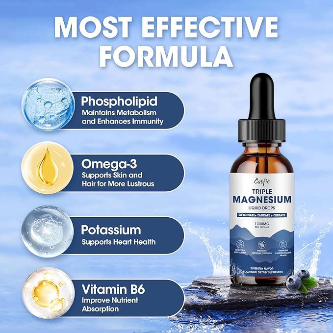 Magnesium Glycinate Liquid Drops with Taurate & Citrate, Magnesium Supplement for Sleep, Calm & Relaxation, with Potassium & Omega-3, High Absorption Formula, Blueberry Flavor, 2 Fl Oz