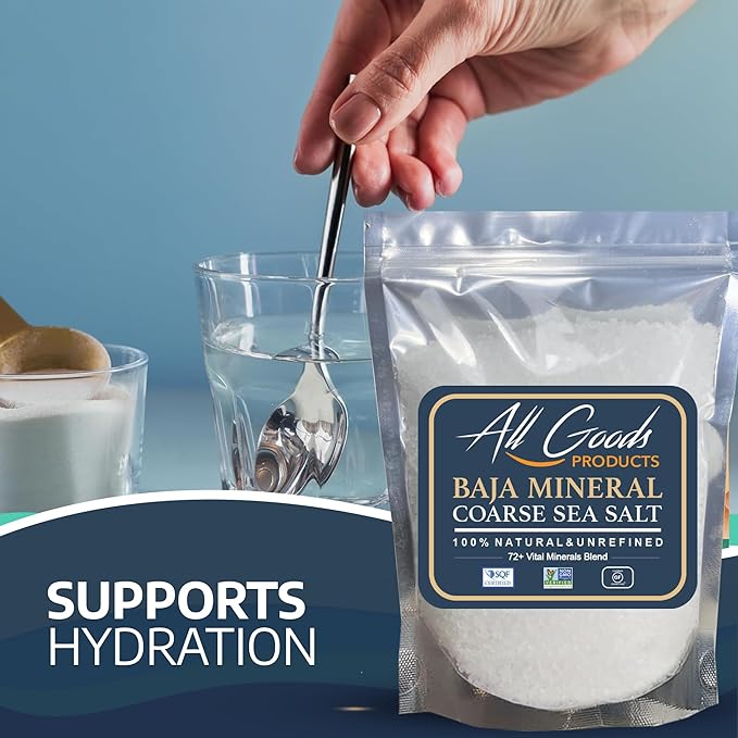 All Goods Products Baja Mineral Coarse Grain Sea Salt, 16 oz Natural Salt from Mexico, Unrefined, Hand-Harvested, Loaded with 90+ Essential Minerals, Kosher, 30% Low Sodium.