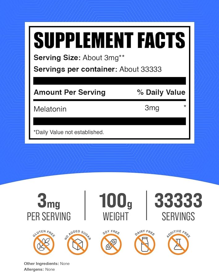 BulkSupplements.com Melatonin Powder - Sleep Supplement, Melatonin for Adults, Melatonin 3 mg - Vegan Melatonin, Pure & Gluten Free, 3mg per Serving, 100g (3.5 oz) (Pack of 1)
