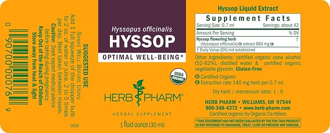 Herb Pharm Certified Organic Hyssop Liquid Extract - 1 Ounce