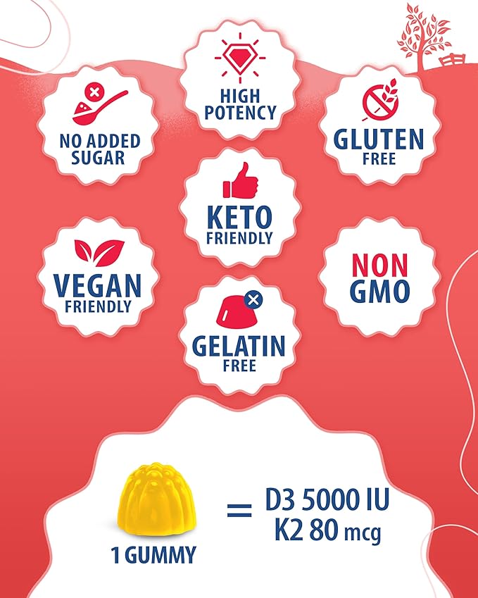 SUNNY SAM Vitamin D3 K2 Gummies 5000 IU & Magnesium Gummies for Kids Citrate Chewable Supplement for Mood & Muscle Support