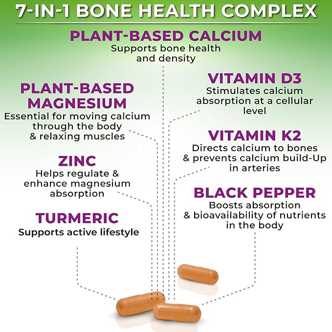 Plant-Based Calcium 500mg (Aquamin) – Vegan Calcium Magnesium Zinc D3 with Vitamin K2 & Organic Turmeric – Enhanced Bone and Muscle Health & Strength, Immune Support for Women & Men - 90 Count