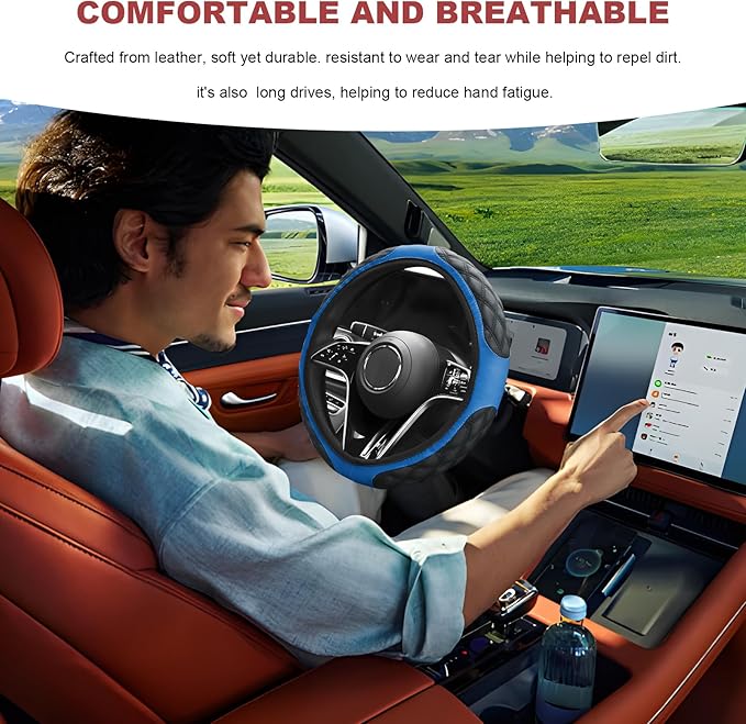 Car Steering Wheel Cover, 15 Inch Elastic Comfortable Auto Steering Wheel Protector, Anti-Slip Leather Wheel Cover Fashionable Interior Accessories for Most Cars Trucks SUVs (Blue)