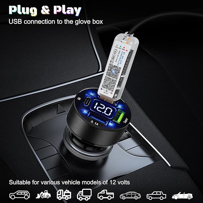 Dreamcolor Acrylic Interior Car LED Strip Light with USB/Type C/4-Port Cigarette Lighter, RGB 2 in 1 with 59.04 inches LEDs Ambient Lighting Kits, Sound Active Function Neon Led Strips for Car