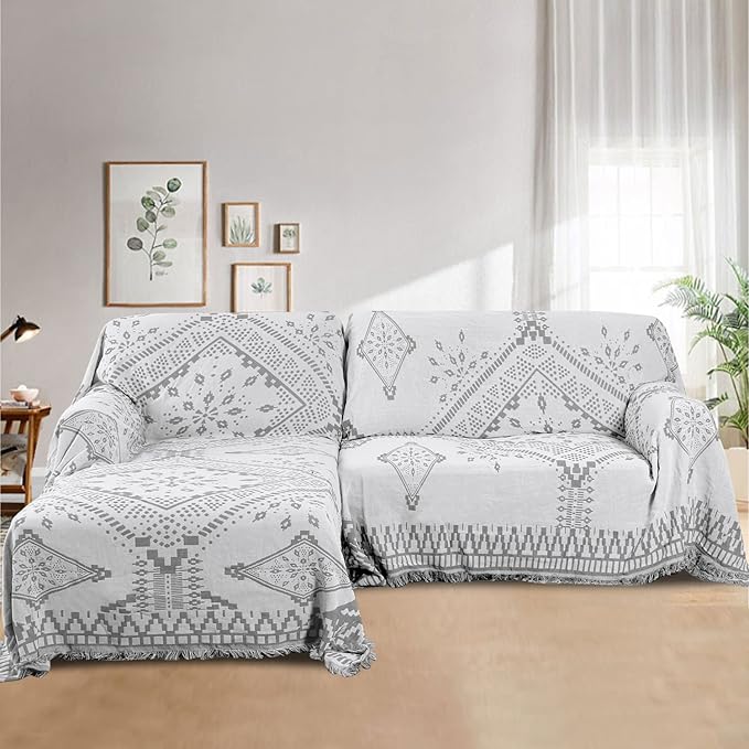 H.VERSAILTEX Reversible Sofa Cover Couch Cover for Dog Sofa Slipcover for Most Shape Sofa Furniture Protector with Tassels Sectional Couch Cover (Medium: 71" x 91", Dove Grey/White)