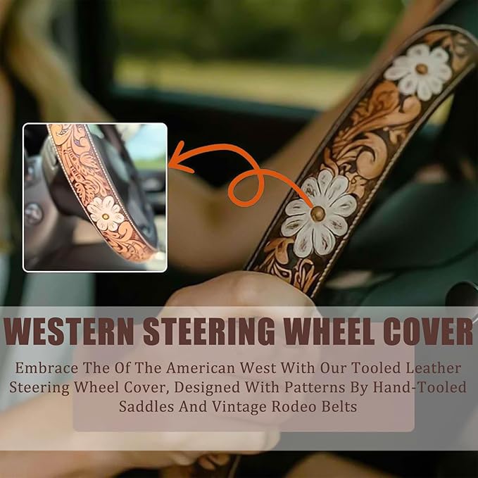 Retro Western Cowboy Car Universal Steering Wheel Cover, Embossed Handcrafted Tooled Leather Western,Anti Slip, Auto Interiors Accessories,Breathable for Trucks SUVs Cars (C)