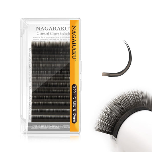 Nagaraku Double Tips Flat Ellipse Eyelash Extensions Supplies 0.20 Lc Curl 8-12Mm Mix Natural Charcoal Color Faux Mink Super Sof