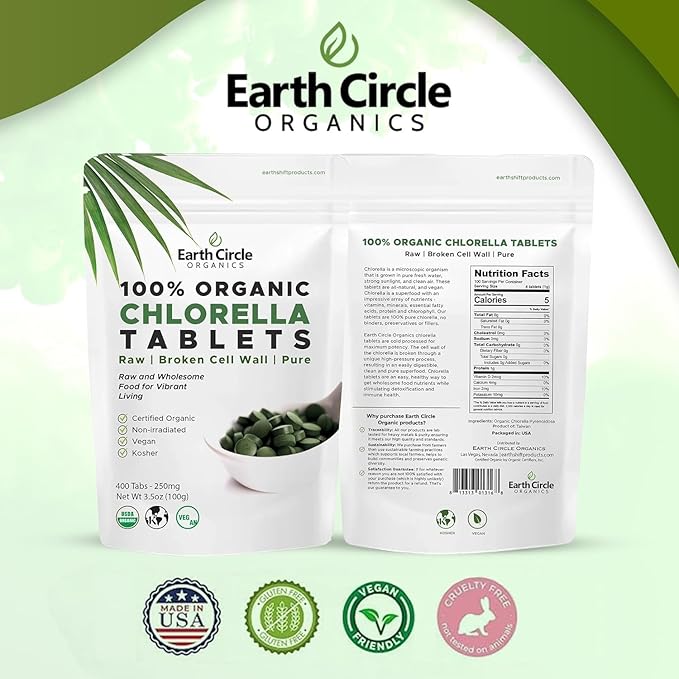 Earth Circle Organics Chlorella 400 Tablets (Pack of 2) and Spirulina Powder 4oz Bundle High Potency Vegan Superfood Supplement Packed with Protein Vitamins & Minerals for Daily Energy and Health