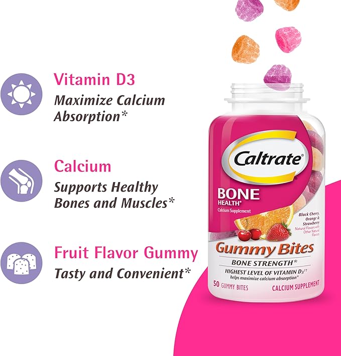 Caltrate Gummy Bites 500 mg Calcium and Vitamin D Supplement, Black Cherry, Strawberry, Orange - 50 Count