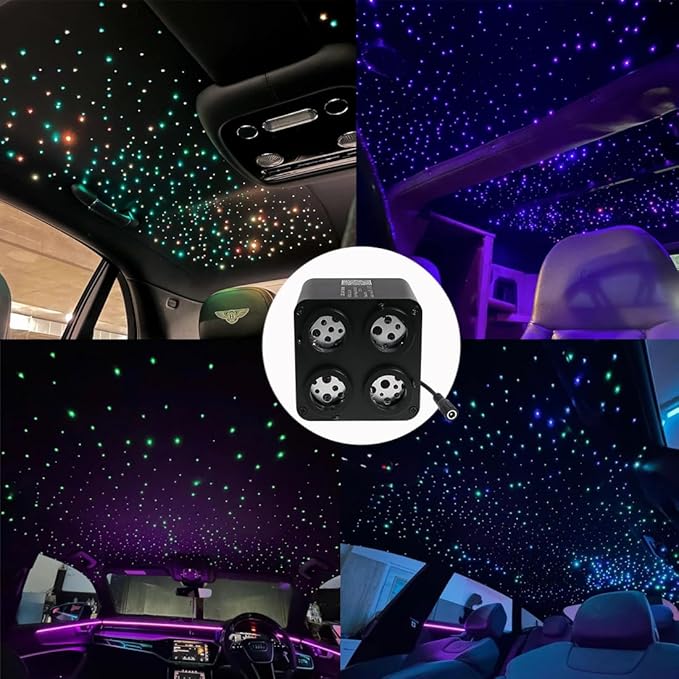 AMKI Updated 4Color Twinkle 36w Starlight Headliner Kits 600pcs 0.03in 9.8ft Fiber Optic Light Cable 4 Ports Starlight Box App/Remote Control Sound Mode for Car Home Ceiling Decoration
