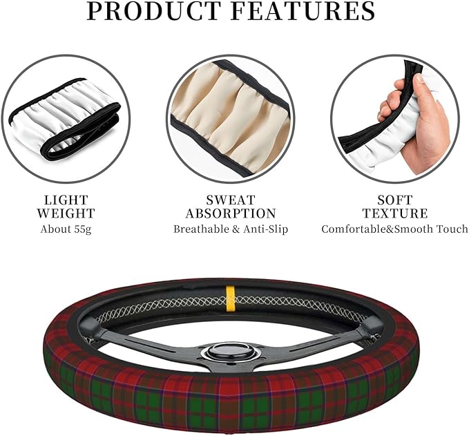 Thickened Elastic Steering Wheel Cover, Grant Clan Tartan Plaid Pattern Ultra, Soft, Breathable, Fit for Cars, SUVs, Trucks, Stylish Comfortable Grip