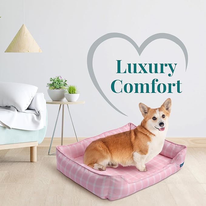 Orthopedic Bolster Dog Bed – CertiPUR-US Foam, Recycled Polyester Canvas, Washable Cover, Anti-Slip Bottom, Small, Pink Check – Stylish Designer Dog Sofa