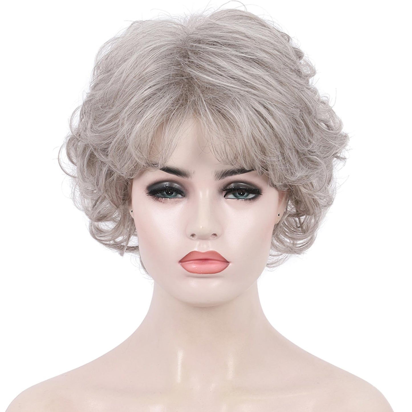 Kalyss Sliver Grey Short Curly Wigs With Hair Bangs For Women Heat Resistant Natural Luster Synthetic 70S Look Full Hair Wigs Fo