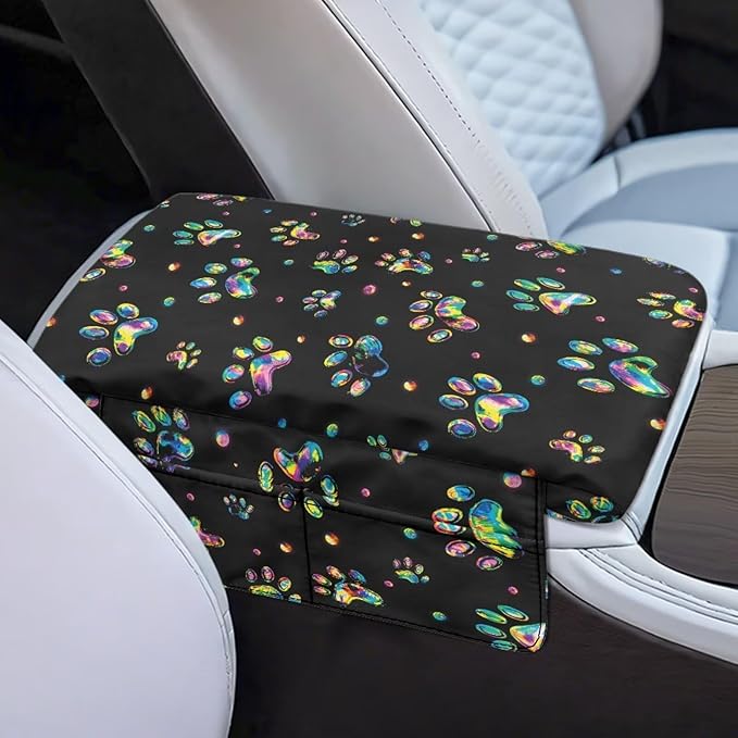 Dreaweet Tie Dye Dog Paw Center Console Cover Thick Car Armrest Cushion with Storage Bag Soft Comfortable Arm Rest for Car Center Console Universal Fit SUV Truck Sedan